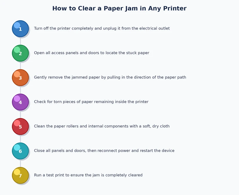 step-by-step process diagram for how to fix paper jam in printer safely and correctly