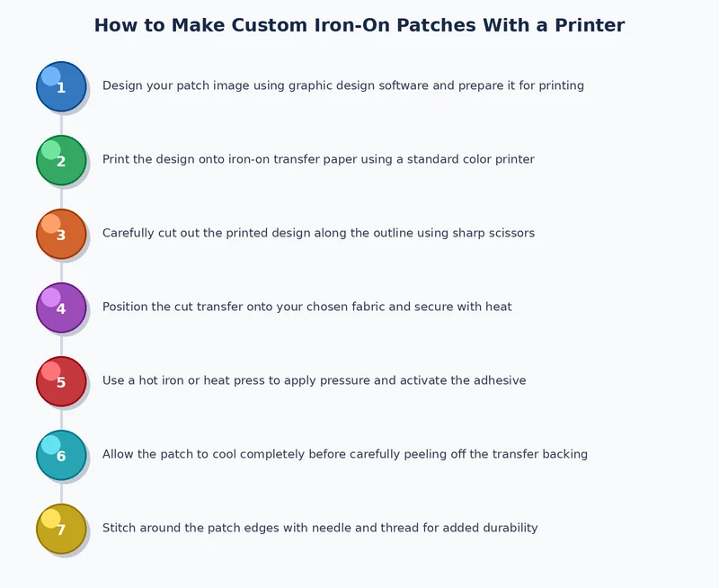 step by step process for how to make iron on patches with printer showing design, printing, cutting, and pressing stages