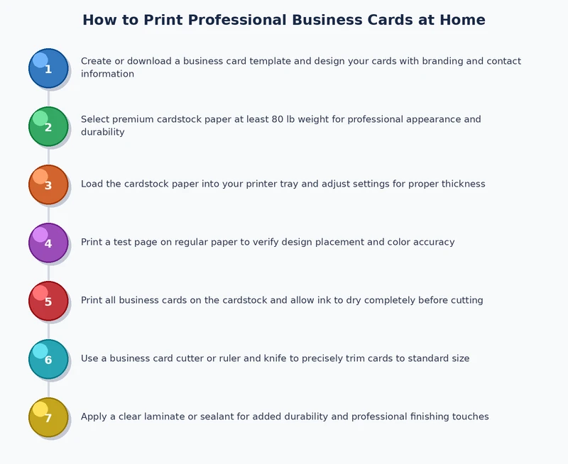 Step-by-step process diagram showing the home business card printing workflow from design to finished card