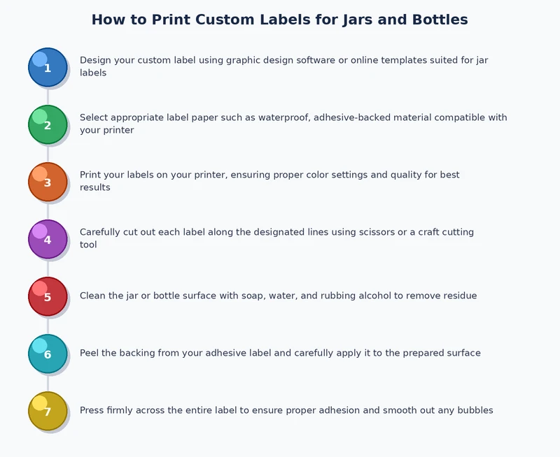 Step-by-step process diagram showing how to print and apply custom labels for jars and bottles at home