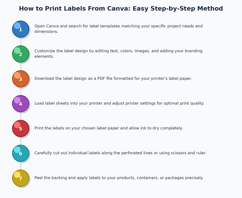 step-by-step process diagram for how to print labels from Canva from design to finished label