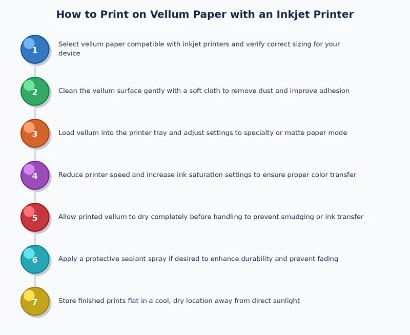 step by step process diagram for how to print on vellum paper inkjet from settings to dry time and finishing
