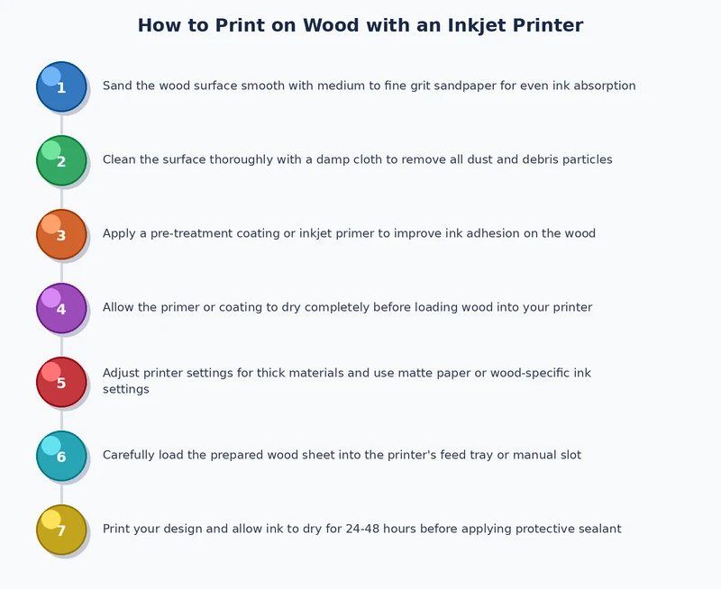 step-by-step process diagram for how to print on wood with inkjet printer showing priming sanding and printing stages