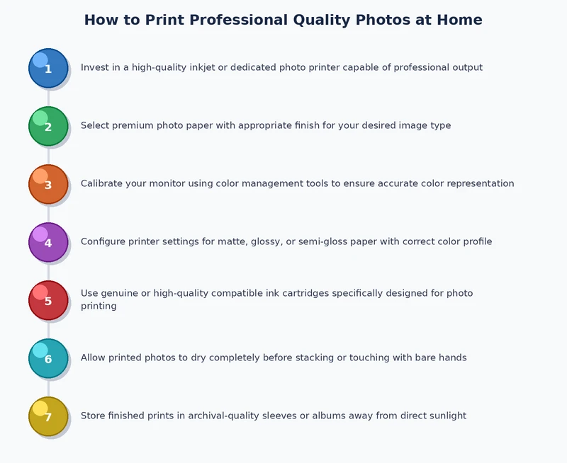 Step-by-step process diagram showing how to print professional quality photos at home from file prep to final output