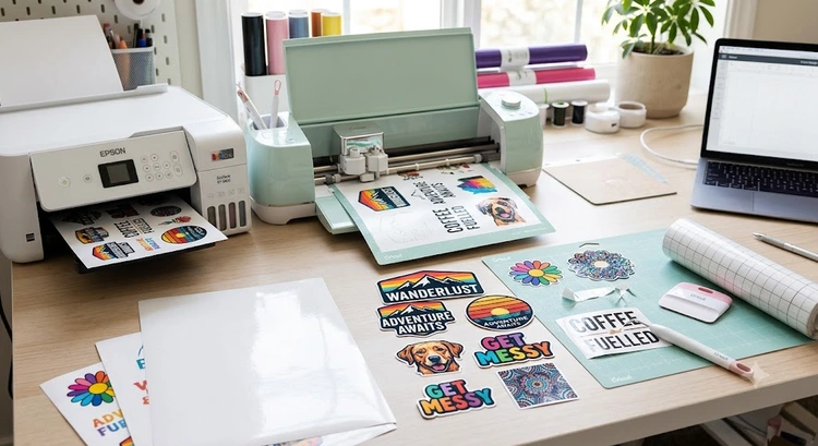 inkjet printer loaded with white vinyl sheets for printing vinyl decals at home
