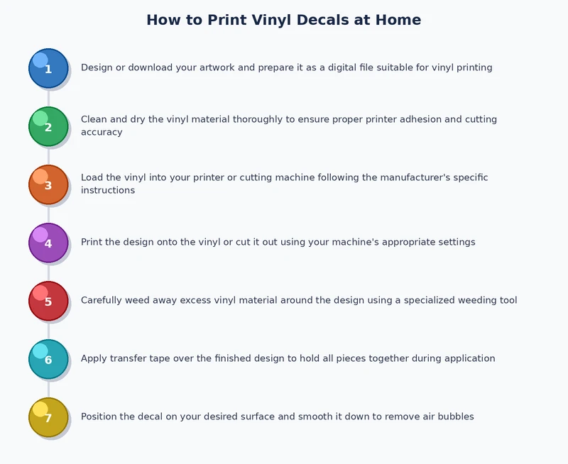 step-by-step process diagram for home vinyl decal printing from file preparation through lamination and contour cutting