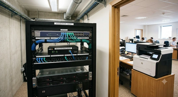print server small business setup — dedicated hardware device connecting shared office printers to a local area network