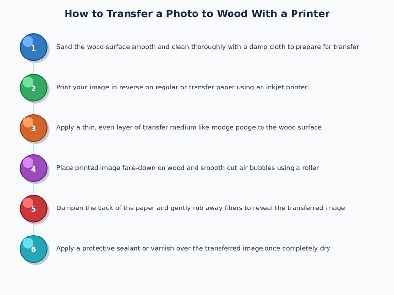step by step process diagram showing photo to wood transfer stages: sand, print, apply medium, burnish, remove paper, seal