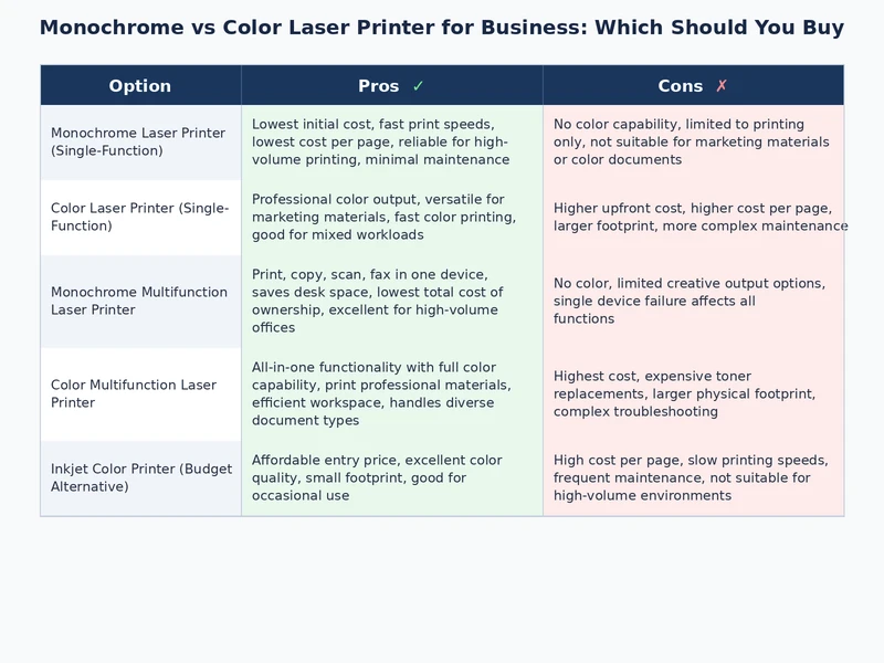 monochrome vs color laser printer for business output quality and operational cost comparison