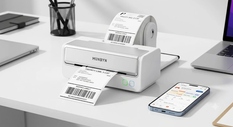 MUNBYN thermal label printer review — ITPP941 on a desk next to label rolls