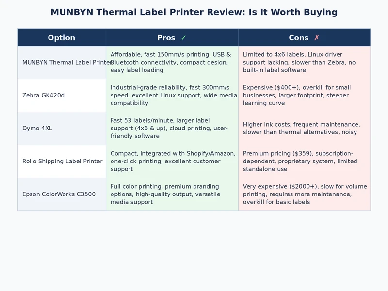 Comparison chart showing MUNBYN thermal label printer review scores across key categories