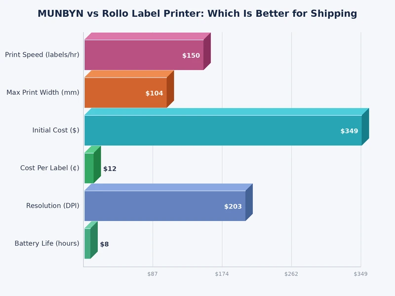 Bar chart comparing MUNBYN vs Rollo label printer scores across speed, software, value, and media flexibility