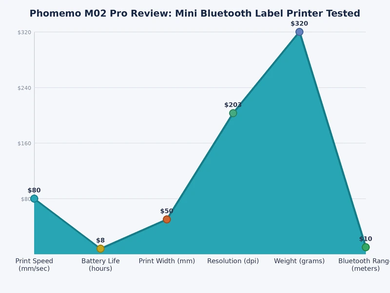 Phomemo M02 Pro performance comparison chart across resolution, speed, battery, and app usability metrics