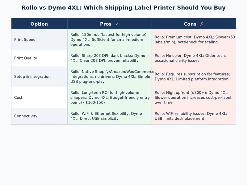 Rollo vs Dymo 4XL detailed specification comparison chart for shipping label printers