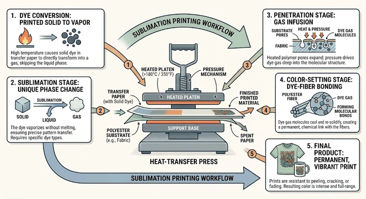 infographic showing how does sublimation printing work step by step from ICC profile setup to finished pressed substrate